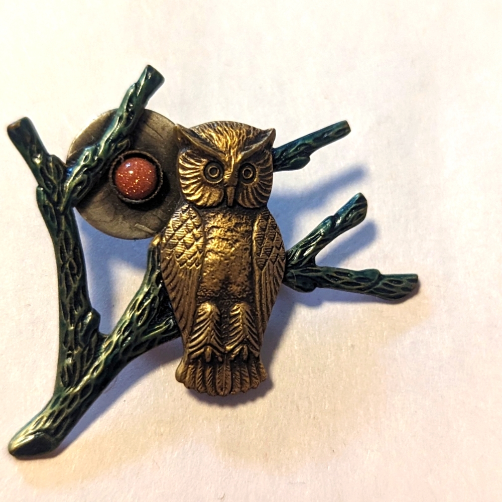 Vintage Art Nouveau Owl with Coral Stone Moon on a Branch
